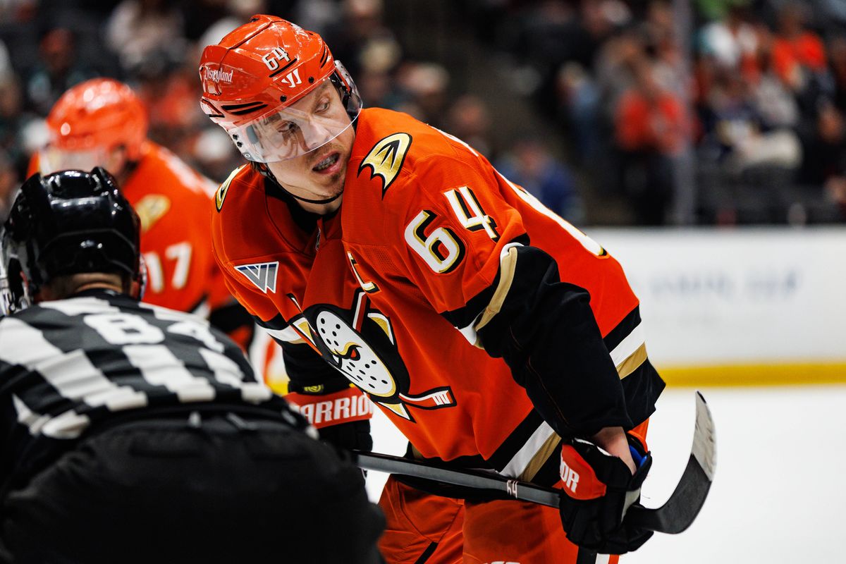 Mikael Granlund #64 of the Anaheim Ducks awaits the face-off during an NHL regular season game against the Vancouver Canucks on October 27, 2026 at Honda Center in Anaheim, California.
