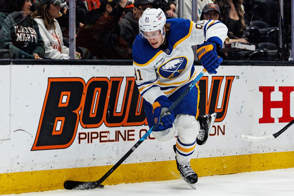 Josh Doan #91 of the Buffalo Sabres gets the puck during an NHL regular season game against the Anaheim Ducks on October 29, 2026 at Honda Center in Anaheim, California. Josh Doan #91 of the Buffalo Sabres gets the puck during an NHL regular season game against the Anaheim Ducks on October 29, 2026 at Honda Center in Anaheim, California.