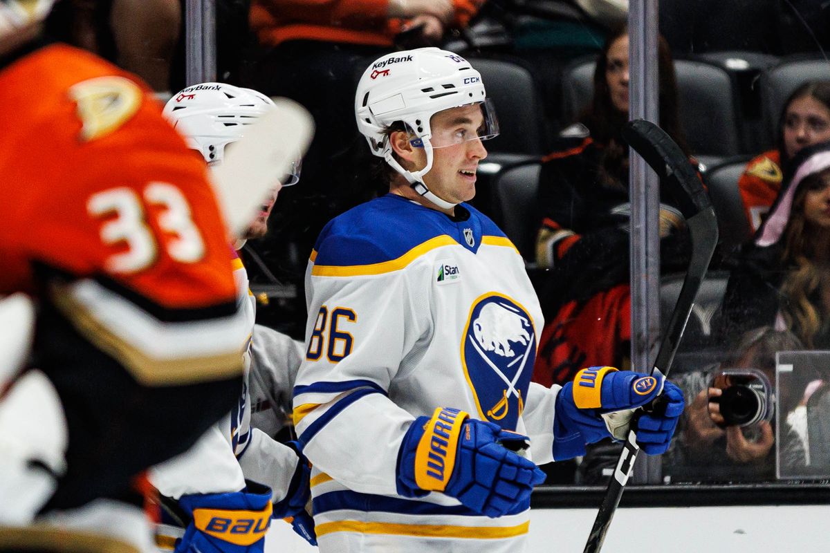 Noah Östlund #86 of the Buffalo Sabres celebrates a goal during an NHL regular season game against the Anaheim Ducks on October 29, 2026 at Honda Center in Anaheim, California. Noah Östlund #86 of the Buffalo Sabres celebrates a goal during an NHL regular season game against the Anaheim Ducks on October 29, 2026 at Honda Center in Anaheim, California.