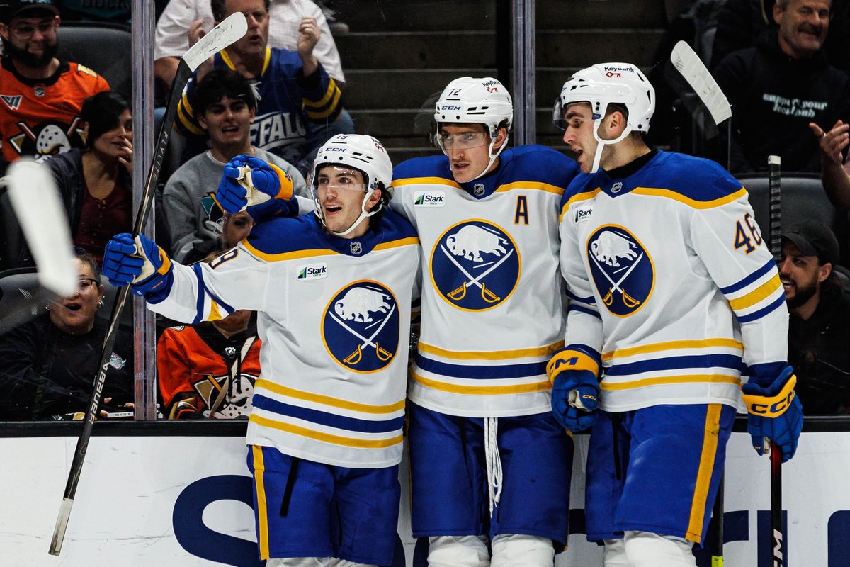 Tage Thompson #72 of the Buffalo Sabres celebrates after scoring a goal during an NHL regular season game against the Anaheim Ducks on October 29, 2026 at Honda Center in Anaheim, California. Tage Thompson #72 of the Buffalo Sabres celebrates after scoring a goal during an NHL regular season game against the Anaheim Ducks on October 29, 2026 at Honda Center in Anaheim, California.