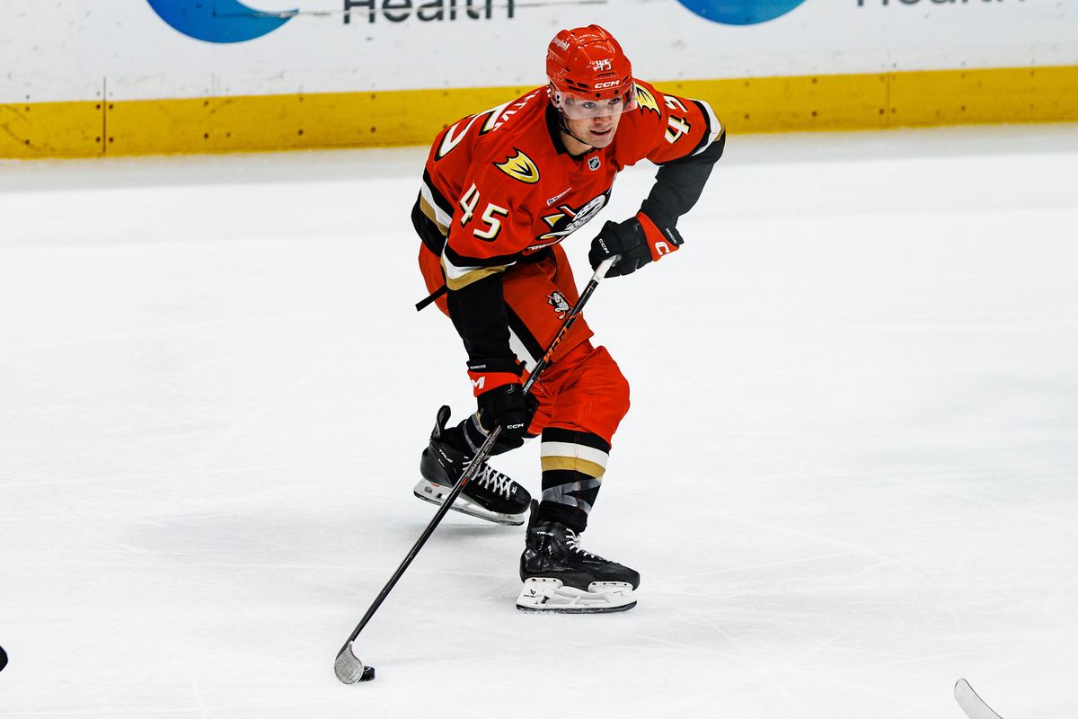 Beckett Sennecke #45 of the Anaheim Ducks skates with the puck during an NHL regular season game against the Buffalo Sabres on October 29, 2026 at Honda Center in Anaheim, California. Beckett Sennecke #45 of the Anaheim Ducks skates with the puck during an NHL regular season game against the Buffalo Sabres on October 29, 2026 at Honda Center in Anaheim, California.