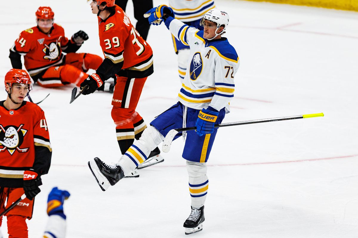 Tage Thompson #72 of the Buffalo Sabres celebrates after scoring a goal during an NHL regular season game against the Anaheim Ducks on October 29, 2026 at Honda Center in Anaheim, California. Tage Thompson #72 of the Buffalo Sabres celebrates after scoring a goal during an NHL regular season game against the Anaheim Ducks on October 29, 2026 at Honda Center in Anaheim, California.