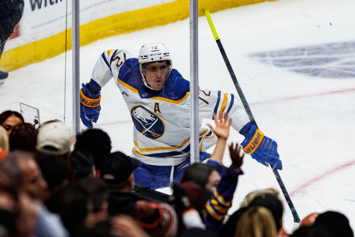 Tage Thompson #72 of the Buffalo Sabres celebrates a hat-trick during an NHL regular season game against the Anaheim Ducks on October 29, 2026 at Honda Center in Anaheim, California. Tage Thompson #72 of the Buffalo Sabres celebrates a hat-trick during an NHL regular season game against the Anaheim Ducks on October 29, 2026 at Honda Center in Anaheim, California.