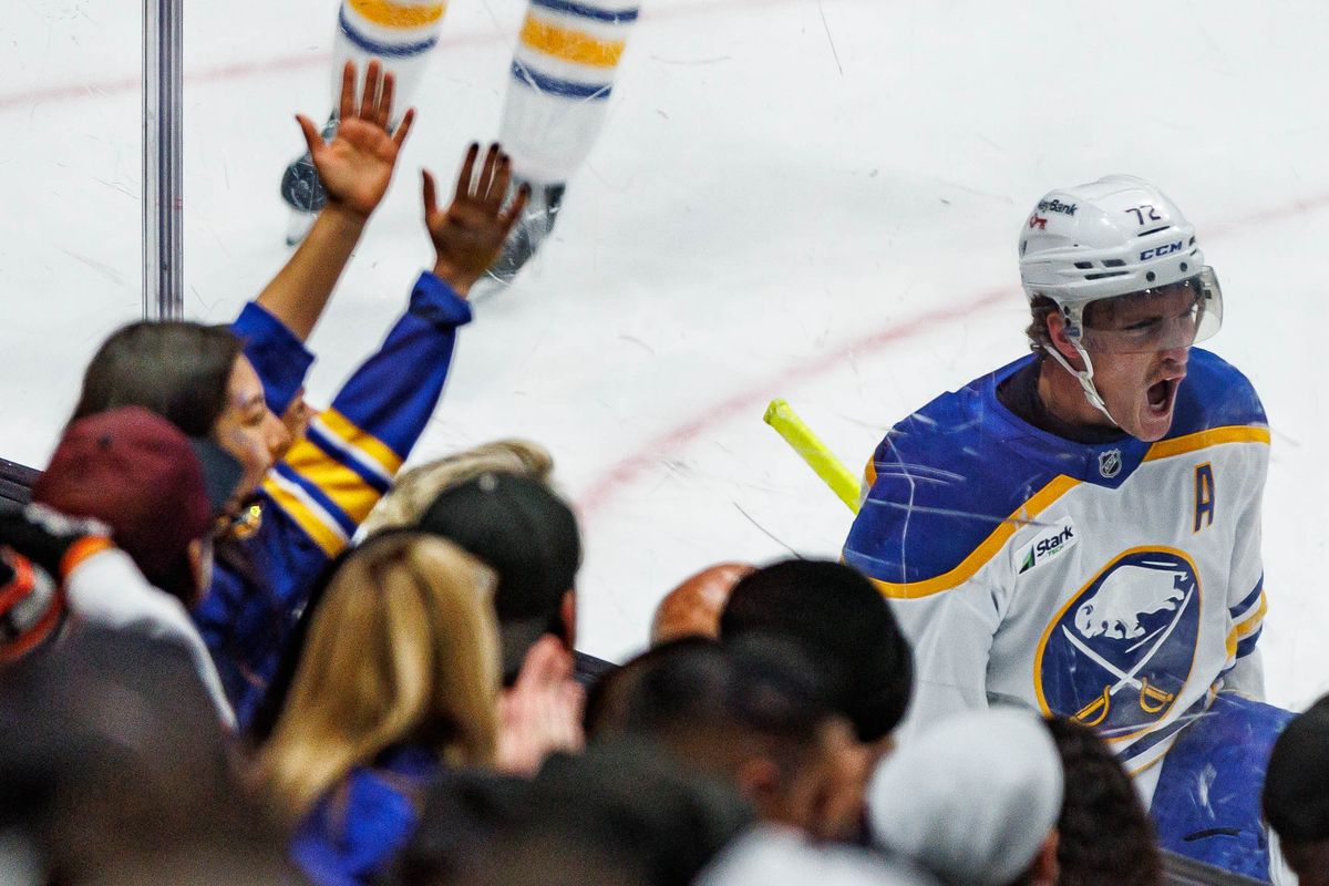 Tage Thompson #72 of the Buffalo Sabres celebrates a hat-trick during an NHL regular season game against the Anaheim Ducks on October 29, 2026 at Honda Center in Anaheim, California. Tage Thompson #72 of the Buffalo Sabres celebrates a hat-trick during an NHL regular season game against the Anaheim Ducks on October 29, 2026 at Honda Center in Anaheim, California.