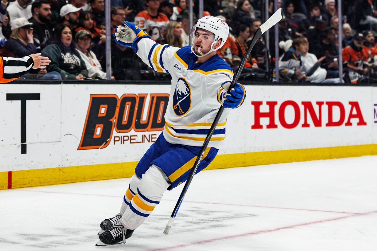 Zach Benson #6 of the Buffalo Sabres celebrates a goal during an NHL regular season game against the Anaheim Ducks on October 29, 2026 at Honda Center in Anaheim, California. Zach Benson #6 of the Buffalo Sabres celebrates a goal during an NHL regular season game against the Anaheim Ducks on October 29, 2026 at Honda Center in Anaheim, California.