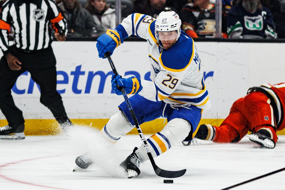 Beck Malenstyn #29 of the Buffalo Sabres skates with the puck during an NHL regular season game against the Anaheim Ducks on October 29, 2026 at Honda Center in Anaheim, California. Beck Malenstyn #29 of the Buffalo Sabres skates with the puck during an NHL regular season game against the Anaheim Ducks on October 29, 2026 at Honda Center in Anaheim, California.