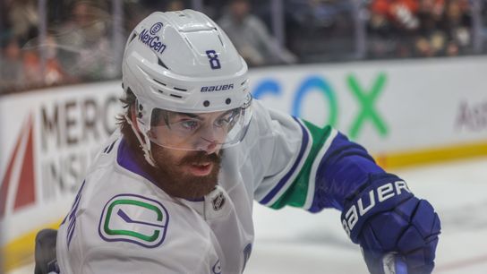 Vancouver Canucks RW (8) Conor Garland looks for a pass against Anaheim Ducks on Tuesday November 5th, 2024 at The Honda Center in Anaheim California. 