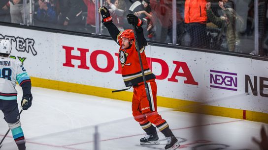 Anaheim Ducks (11) Trevor Zegras celebrates his goal against Seattle Kraken on Monday November 25th, 2024 at The Honda Center in Anaheim California. Anaheim Ducks (11) Trevor Zegras celebrates his goal against Seattle Kraken on Monday November 25th, 2024 at The Honda Center in Anaheim California.