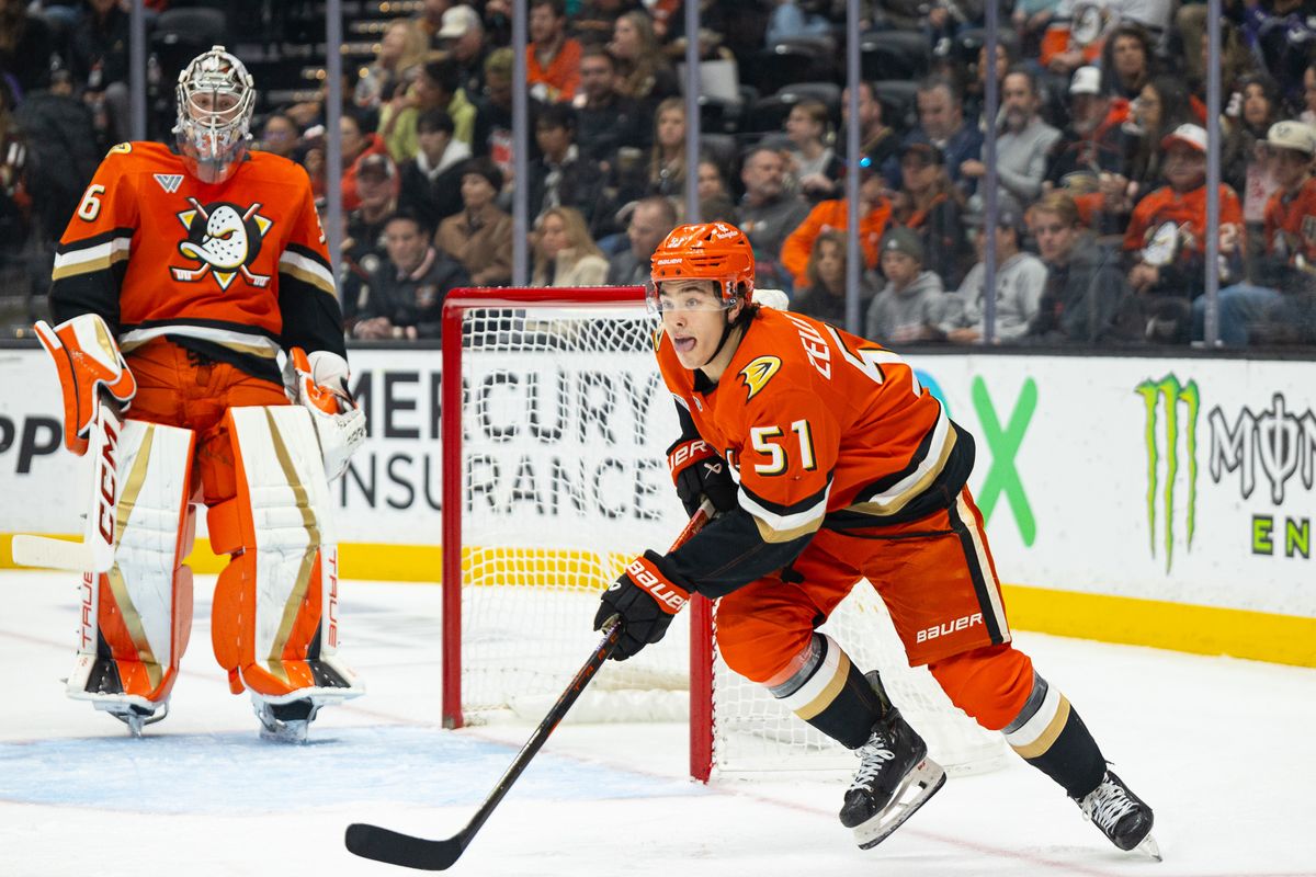 Anaheim Ducks D (51) Olen Zellweger looking to make a play out of their defense on November 29th, 2024 at the Honda Center in California. Anaheim Ducks D (51) Olen Zellweger looking to make a play out of their defense on November 29th, 2024 at the Honda Center in California.