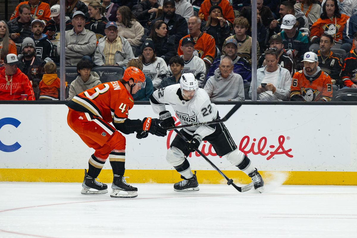 Anaheim Ducks D (43) Drew Helleson fight for the puck against LA Kings LW (22) Kevin Fiala at the Honda Center in California. Anaheim Ducks D (43) Drew Helleson fight for the puck against LA Kings LW (22) Kevin Fiala at the Honda Center in California.