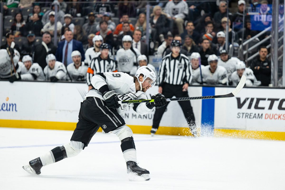 LA Kings RW (9) Adrian Kempe taking a shot at the goalie of Anaheim Ducks on November 29th, 2024 at the Honda Center in California. LA Kings RW (9) Adrian Kempe taking a shot at the goalie of Anaheim Ducks on November 29th, 2024 at the Honda Center in California.