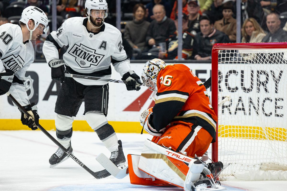 Anaheim Ducks G (36) John Gibson making a save against the LA Kings on November 29th, 2024 at the Honda Center in California. Anaheim Ducks G (36) John Gibson making a save against the LA Kings on November 29th, 2024 at the Honda Center in California.