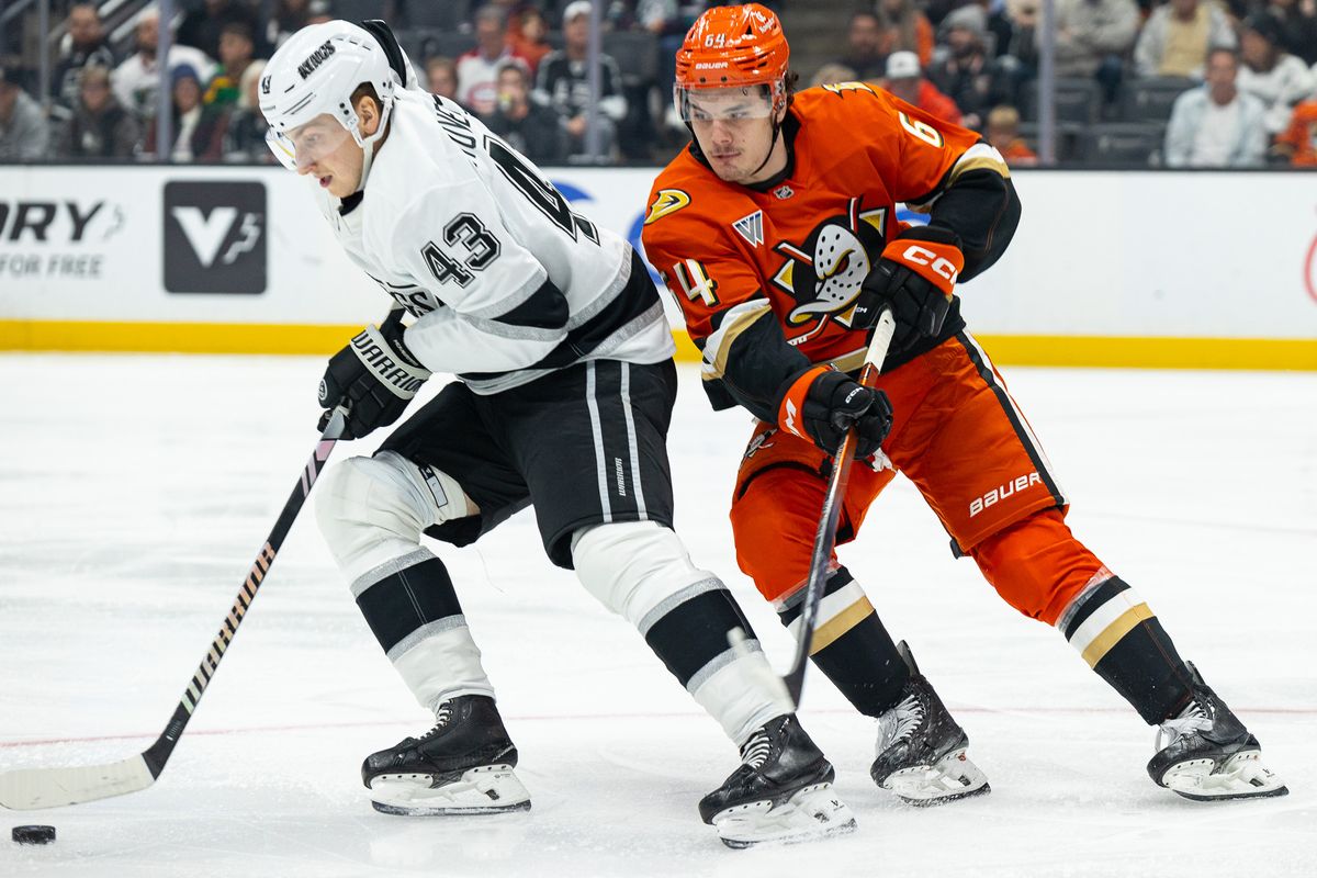 Anaheim Ducks RW (64) Sam Colangelo guarding LA Kings D (43) Jacob Moverare on November 29th, 2024 at the Honda Center in California. Anaheim Ducks RW (64) Sam Colangelo guarding LA Kings D (43) Jacob Moverare on November 29th, 2024 at the Honda Center in California.