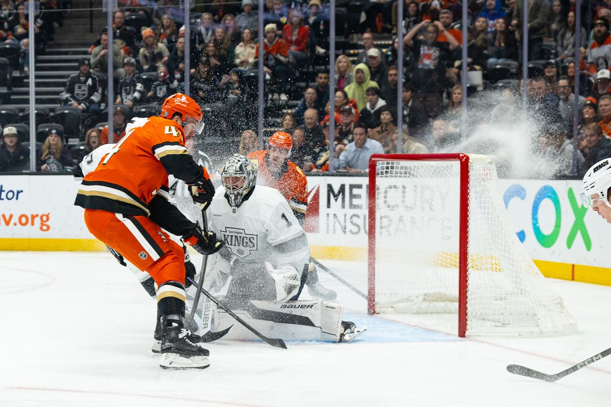 LA Kings G (1) Erik Portillo making a save against a shot from Anaheim Ducks LW (44) Ross Johnston on November 29th, 2024 at the Honda Center in California. LA Kings G (1) Erik Portillo making a save against a shot from Anaheim Ducks LW (44) Ross Johnston on November 29th, 2024 at the Honda Center in California.