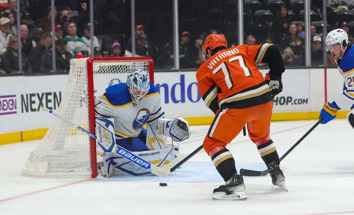 #77 Frank Vatrano takes a shot against the Buffalo Sabres on Friday November 22, 2024 at The Honda Center in Anaheim, California #77 Frank Vatrano takes a shot against the Buffalo Sabres on Friday November 22, 2024 at The Honda Center in Anaheim, California