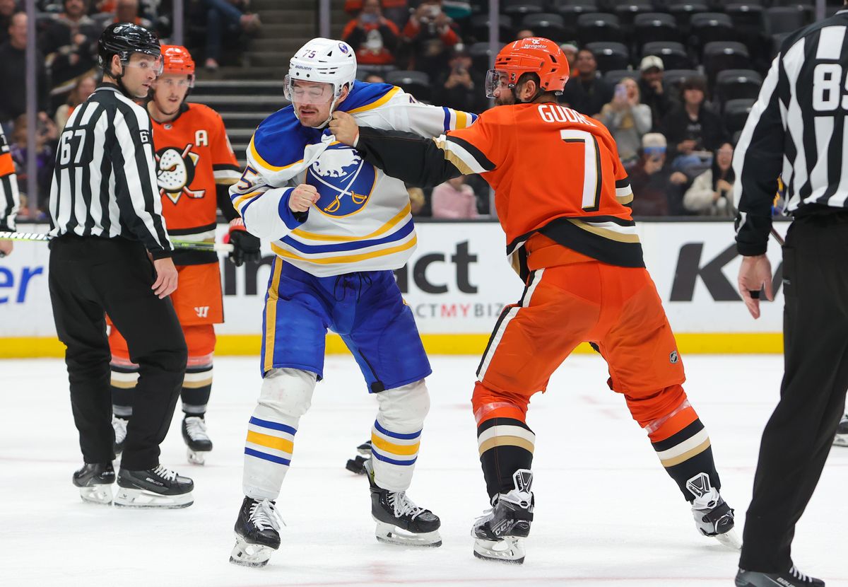#7 Radko Gudas of the Anaheim Ducks brawls against the Buffalo Sabres on Friday november 22, 2024 at The Honda Center in Anaheim California #7 Radko Gudas of the Anaheim Ducks brawls against the Buffalo Sabres on Friday november 22, 2024 at The Honda Center in Anaheim California