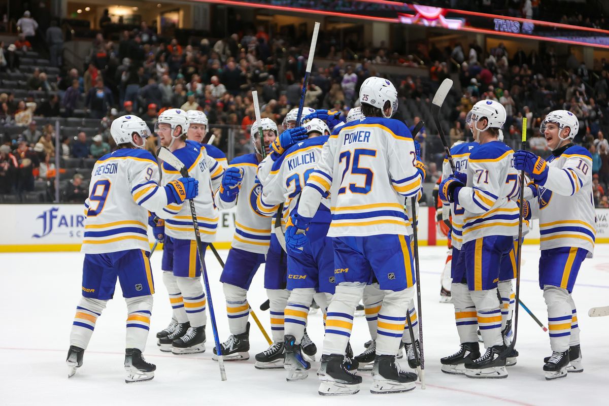 Buffalo Sabres celebrate a game winning goal in overtime against the Anaheim Ducks on Friday November 22, 2024 at The Honda Center in Anaheim, California Buffalo Sabres celebrate a game winning goal in overtime against the Anaheim Ducks on Friday November 22, 2024 at The Honda Center in Anaheim, California