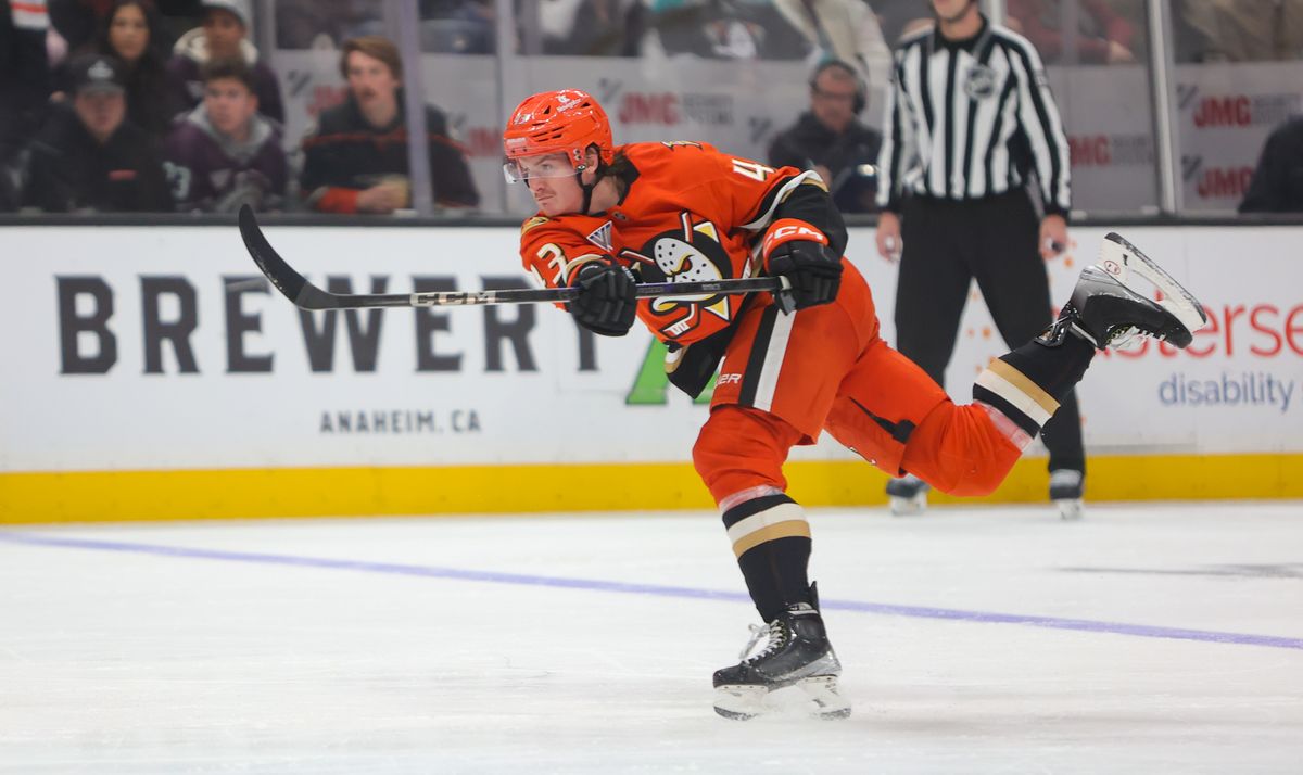(D) Drew Helleson #43 takes a shot against the Buffalo Sabres on Friday November 22, 2024 at The Honda Center in Anaheim California (D) Drew Helleson #43 takes a shot against the Buffalo Sabres on Friday November 22, 2024 at The Honda Center in Anaheim California