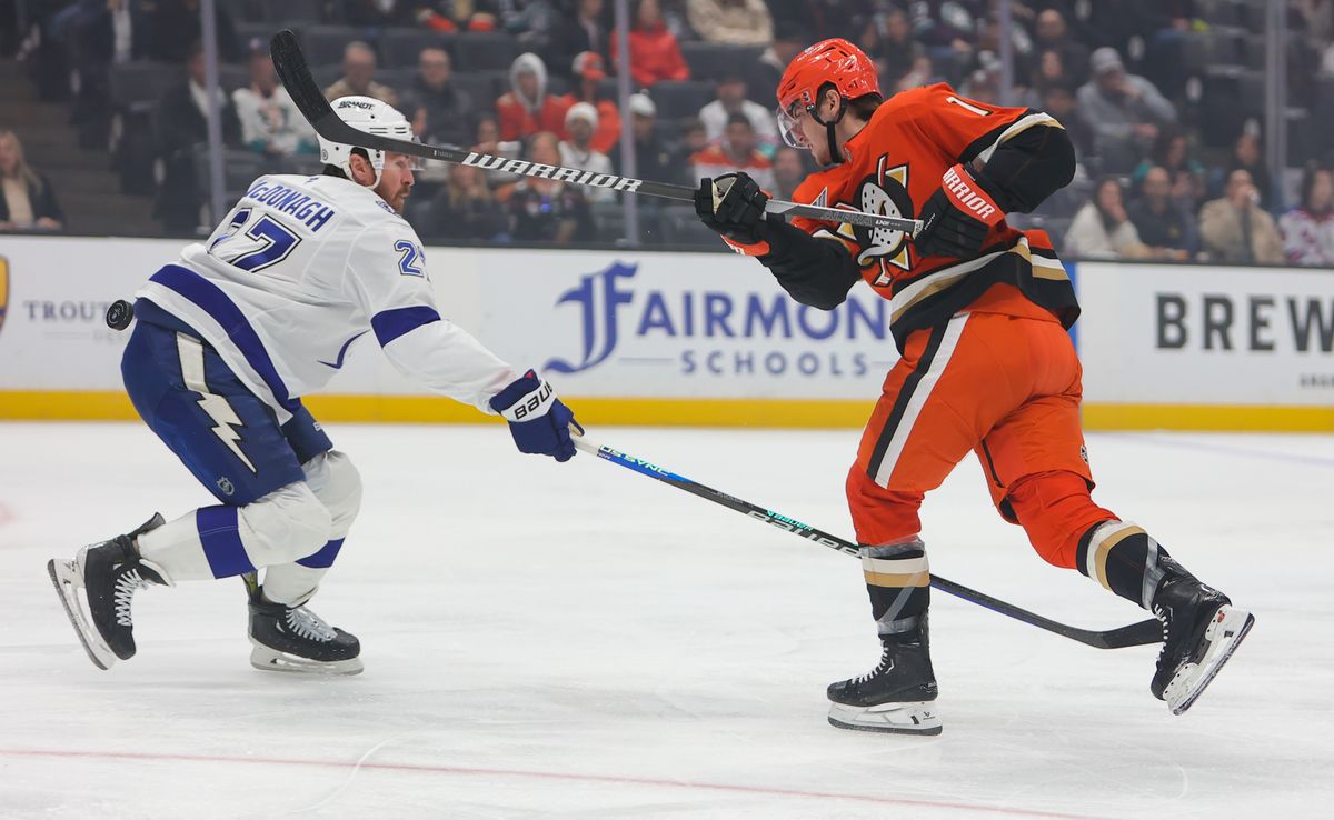 An Anaheim Ducks player takes a shot on goal against the Tampa Bay Lightning on January 5, 2025 at the Honda Center in Anaheim, California. An Anaheim Ducks player takes a shot on goal against the Tampa Bay Lightning on January 5, 2025 at the Honda Center in Anaheim, California.