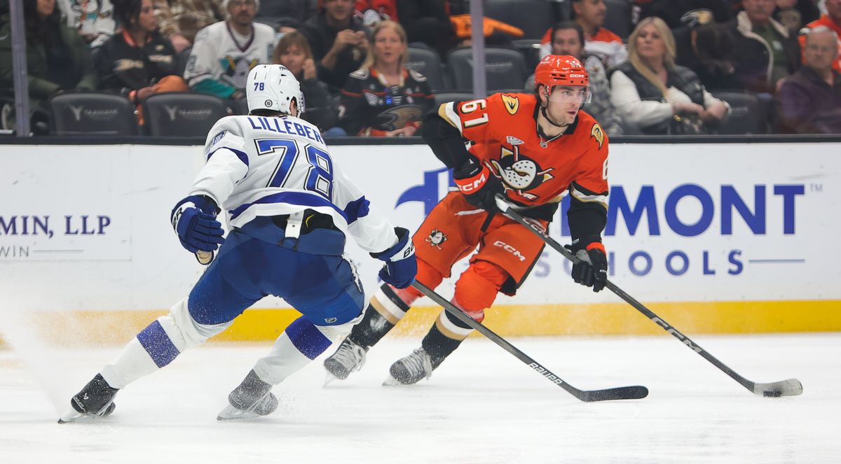 Anaheim Ducks LW (61) Cutter Gauthier looks to make a pass against the Tamp Bay Lightning on January 5, 2025 at the Honda Center in Anaheim, CA. Anaheim Ducks LW (61) Cutter Gauthier looks to make a pass against the Tamp Bay Lightning on January 5, 2025 at the Honda Center in Anaheim, CA.