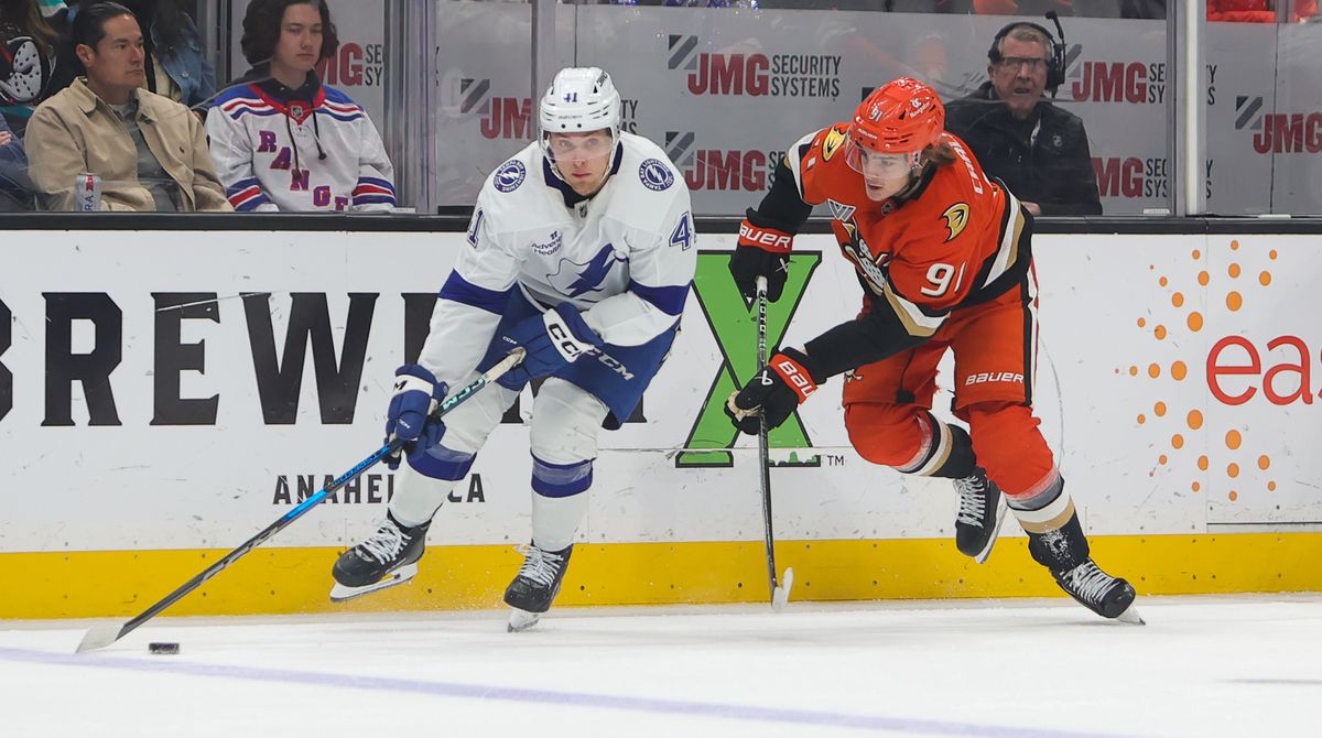 Anaheim Ducks C (91) Leo Carlsson attempts to steal the puck from a Tampa Bay Lightning player on January 5, 2025 at the Honda Center in Anaheim, CA. Anaheim Ducks C (91) Leo Carlsson attempts to steal the puck from a Tampa Bay Lightning player on January 5, 2025 at the Honda Center in Anaheim, CA.