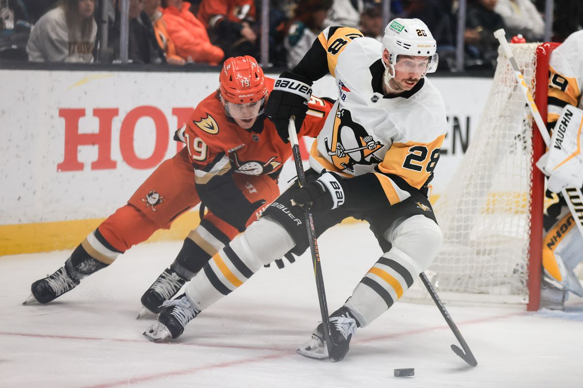 Pittsburgh Penguins defenseman Marcus Pettersson (28) skates with the puck during the NHL game against the Anaheim Ducks, Thursday January 23rd, 2025 at the Honda Center in Anaheim, Calif.