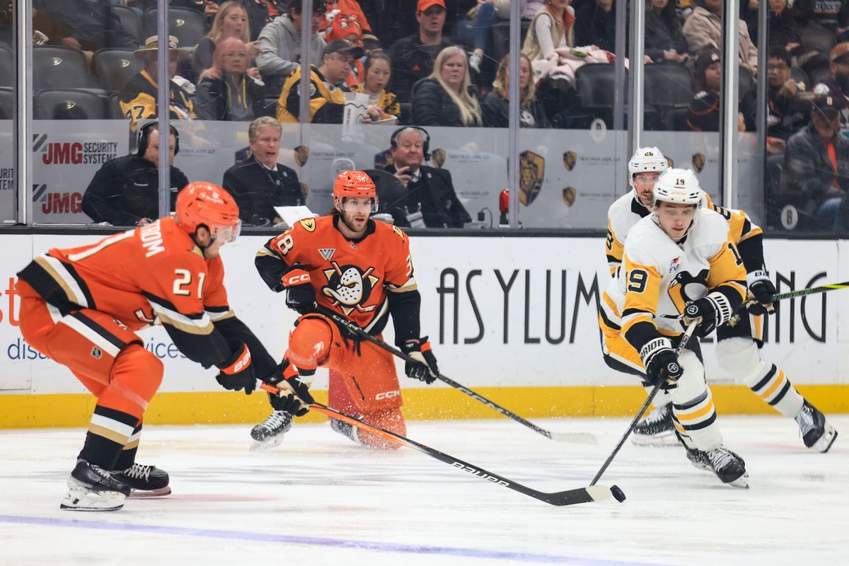 Anaheim Ducks center Isac Lundestrom (21) battles for the puck during the NHL game against the Pittsburgh Penguins, Thursday January 23rd, 2025 at the Honda Center in Anaheim, Calif.