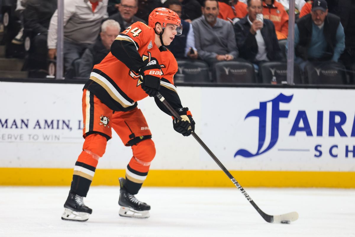 Anaheim Ducks defenseman Pavel Mintyukov (34) skates with the puck during the NHL game against the Pittsburgh Penguins, Thursday January 23rd, 2025 at the Honda Center in Anaheim, Calif.