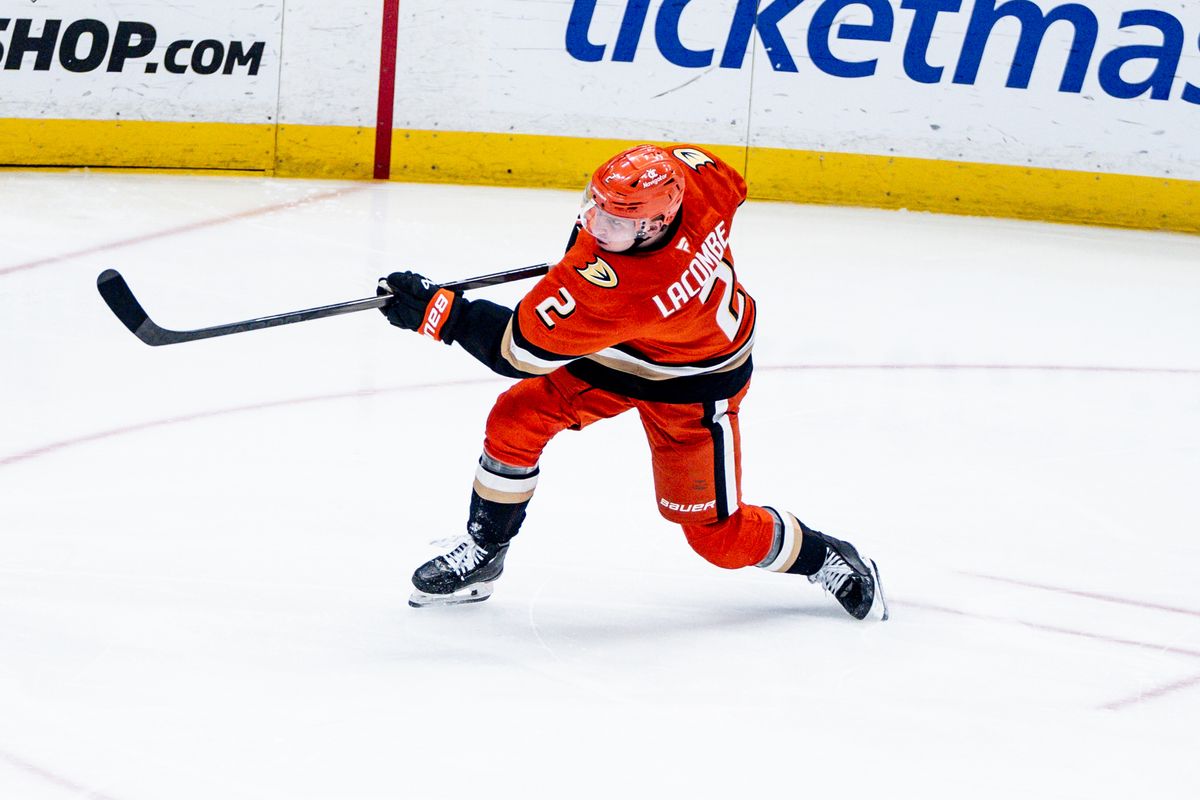 Anaheim Ducks D Jackson Lacombe (2) takes a slap shot in a game against the Nashville Predators on January 25, 2025 at the Honda Center in Anaheim, CA.