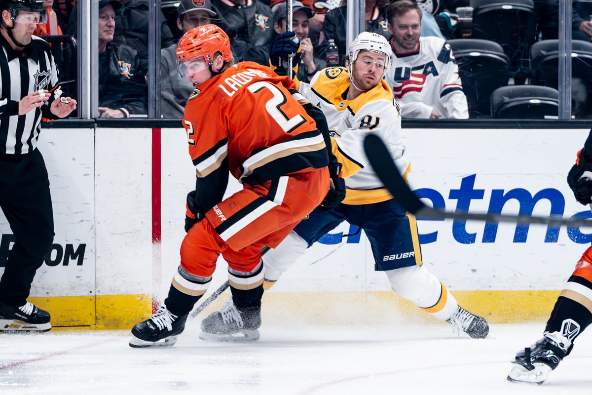 Anaheim Ducks D Jackson Lacombe (2) steals the puck against the opponent in a game against the Nashville Predators on January 25, 2025 at the Honda Center in Anaheim, CA.