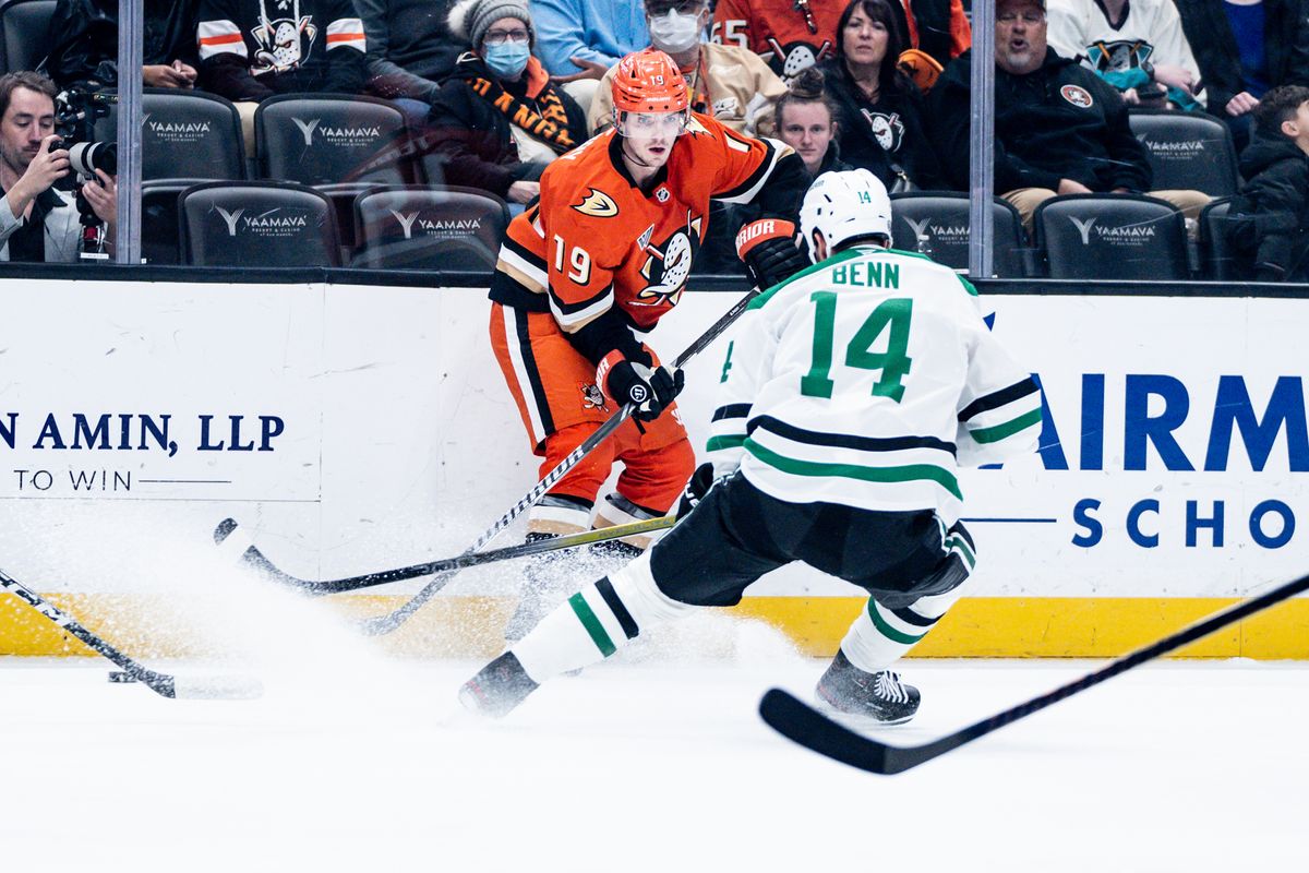 Anaheim Ducks R Troy Terry (19) looks to attack the defender in a game against the Dallas Stars, Tuesday February 4, 2025 at the Honda Center in Anaheim, Calif. Anaheim Ducks R Troy Terry (19) looks to attack the defender in a game against the Dallas Stars, Tuesday February 4, 2025 at the Honda Center in Anaheim, Calif.