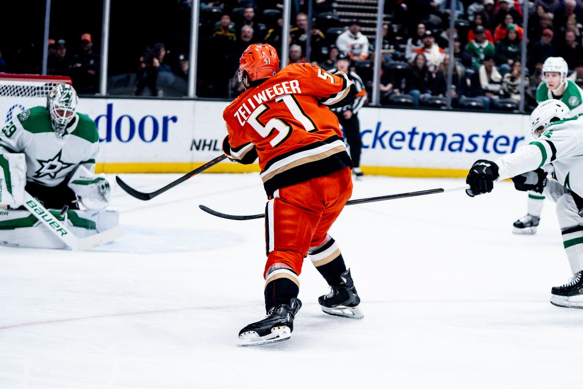 Anaheim Ducks D Olen Zellweger (51) takes a shot at goal in a game against the Dallas Stars, Tuesday February 4, 2025 at the Honda Center in Anaheim, Calif. Anaheim Ducks D Olen Zellweger (51) takes a shot at goal in a game against the Dallas Stars, Tuesday February 4, 2025 at the Honda Center in Anaheim, Calif.