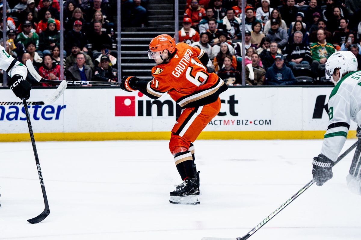 Anaheim Ducks L Cutter Gauthier (61) takes a shot at goal in a game against the Dallas Stars, Tuesday February 4, 2025 at the Honda Center in Anaheim, Calif. Anaheim Ducks L Cutter Gauthier (61) takes a shot at goal in a game against the Dallas Stars, Tuesday February 4, 2025 at the Honda Center in Anaheim, Calif.