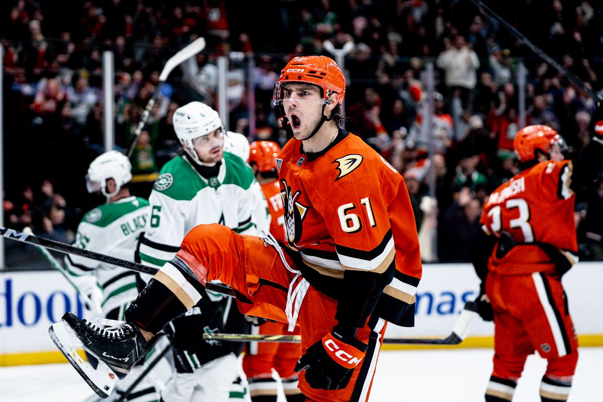 Anaheim Ducks L Cutter Gauthier (61) celebrates after scoring a goal in a game against the Dallas Stars, Tuesday February 4, 2025 at the Honda Center in Anaheim, Calif. Anaheim Ducks L Cutter Gauthier (61) celebrates after scoring a goal in a game against the Dallas Stars, Tuesday February 4, 2025 at the Honda Center in Anaheim, Calif.