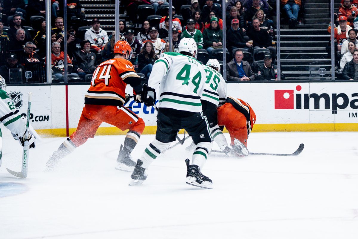 Anaheim Ducks player gets thrown to the ground while fighting for the puck in a game against the Dallas Stars, Tuesday February 4, 2025 at the Honda Center in Anaheim, Calif. Anaheim Ducks player gets thrown to the ground while fighting for the puck in a game against the Dallas Stars, Tuesday February 4, 2025 at the Honda Center in Anaheim, Calif.