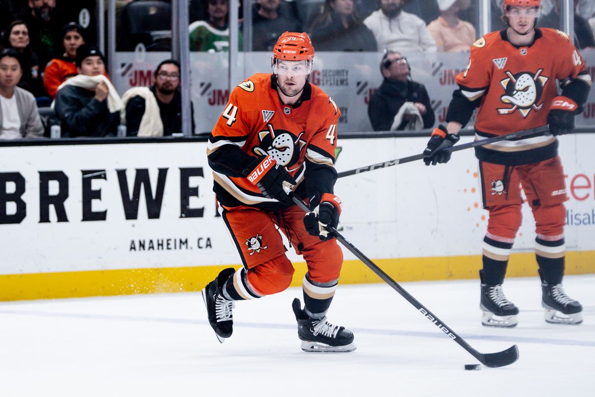 Anaheim Ducks L Ross Johnson (44) sets up the offense in a game against the Dallas Stars, Tuesday February 4, 2025 at the Honda Center in Anaheim, Calif. Anaheim Ducks L Ross Johnson (44) sets up the offense in a game against the Dallas Stars, Tuesday February 4, 2025 at the Honda Center in Anaheim, Calif.
