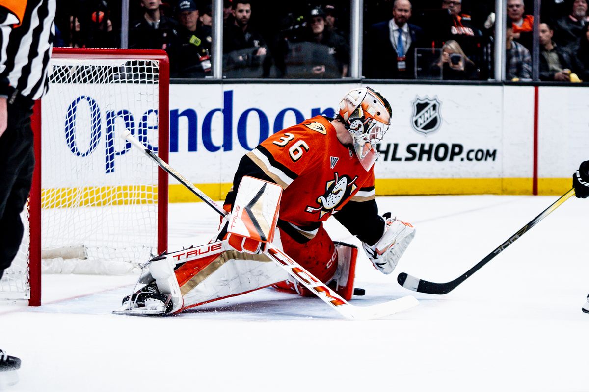 Anaheim Ducks G John Gibson (36) saves another goal attempt in a game against the Dallas Stars, Tuesday February 4, 2025 at the Honda Center in Anaheim, Calif. Anaheim Ducks G John Gibson (36) saves another goal attempt in a game against the Dallas Stars, Tuesday February 4, 2025 at the Honda Center in Anaheim, Calif.