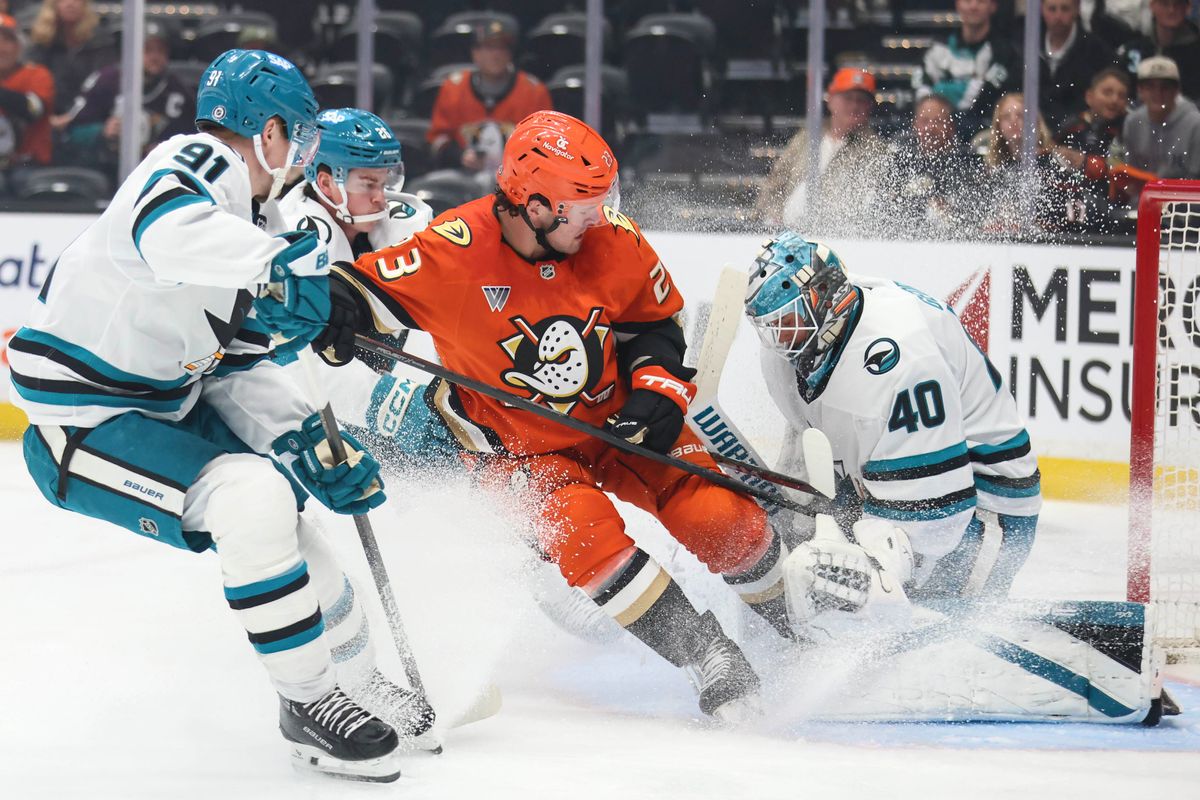 Anaheim Ducks Center Mason McTavish (23) shoots the puck during the NHL game against the San Jose Sharks Tuesday April 1st, 2025 at Honda Center in Anaheim, Calif.