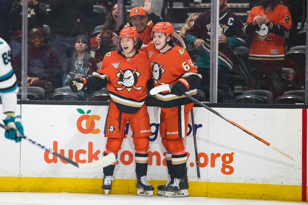 Anaheim Ducks center Trevor Zegras (11) celebrates after scoring during the NHL game against the San Jose Sharks Tuesday April 1st, 2025 at Honda Center in Anaheim, Calif.