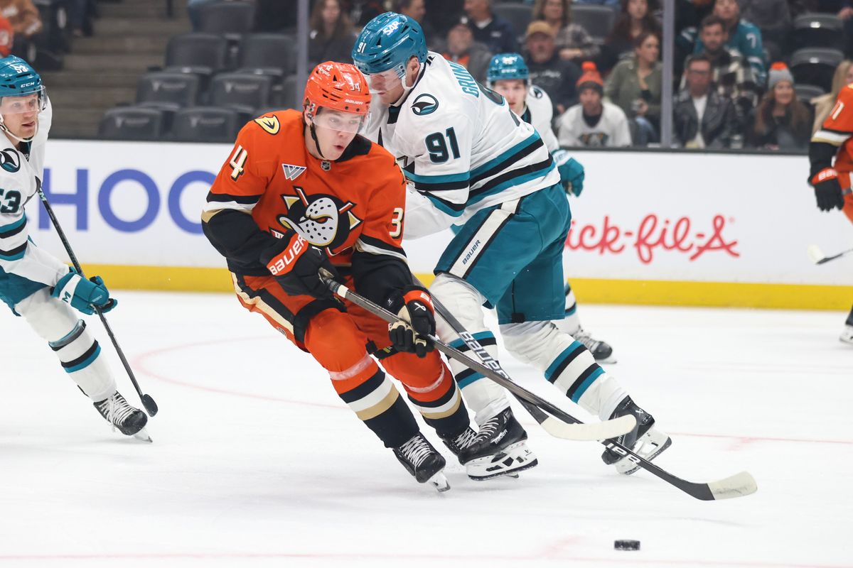 Anaheim Ducks defenseman Pavel Mintyukov (34) controls the puck during the NHL game against the San Jose Sharks Tuesday April 1st, 2025 at Honda Center in Anaheim, Calif.