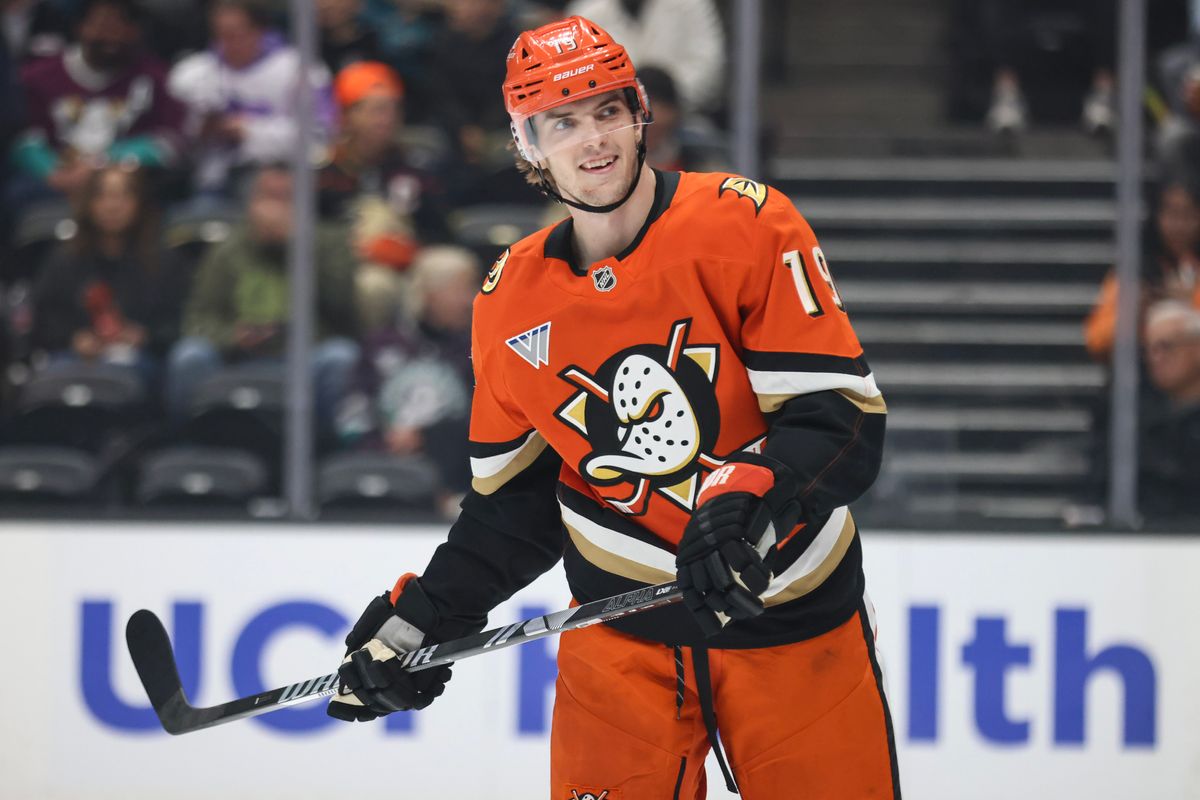 Anaheim Ducks right wing Troy Terry (19) smiles at his teammate during the NHL game against the San Jose Sharks Tuesday April 1st, 2025 at Honda Center in Anaheim, Calif.