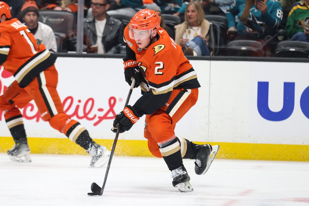 Anaheim Ducks defenseman Jackson LaCombe (2) controls the puck during the NHL game against the San Jose Sharks Tuesday April 1st, 2025 at Honda Center in Anaheim, Calif.