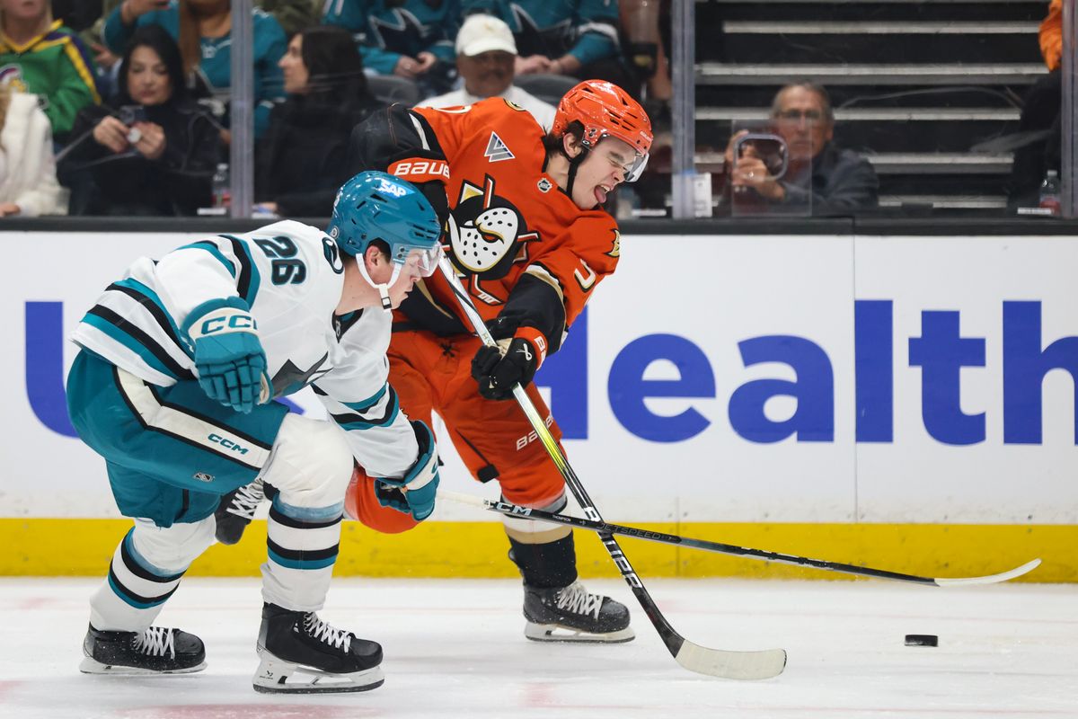 Anaheim Ducks defenseman Olen Zellweger (51) shoots the puck during the NHL game against the San Jose Sharks Tuesday April 1st, 2025 at Honda Center in Anaheim, Calif.