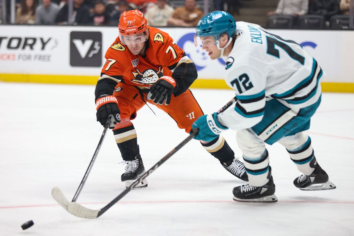 Anaheim Ducks right wing Frank Vatrano (77) reaches for the puck during the NHL game against the San Jose Sharks Tuesday April 1st, 2025 at Honda Center in Anaheim, Calif.