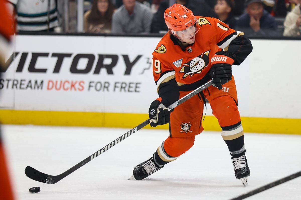 Anaheim Ducks right wing Troy Terry (19) shoots the puck during the NHL game against the San Jose Sharks Tuesday April 1st, 2025 at Honda Center in Anaheim, Calif.