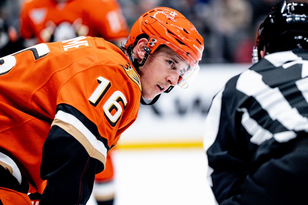 Anaheim Ducks Center Ryan Strome (16) talked to the ref before a face off against the Calgary Flames Wednesday April 9th, 2025 at Honda Center in Anaheim, Calif. Anaheim Ducks Center Ryan Strome (16) talked to the ref before a face off against the Calgary Flames Wednesday April 9th, 2025 at Honda Center in Anaheim, Calif.