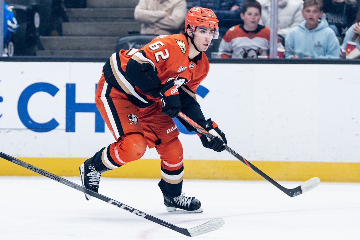 Anaheim Ducks C Nikita Nesterenko (62) is attacking the defense against the Calgary Flames Wednesday April 9th, 2025 at Honda Center in Anaheim, Calif. Anaheim Ducks C Nikita Nesterenko (62) is attacking the defense against the Calgary Flames Wednesday April 9th, 2025 at Honda Center in Anaheim, Calif.