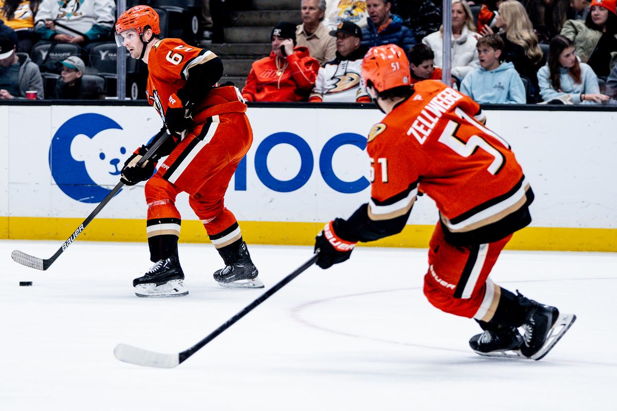 Anaheim Ducks D Jacob Trouba (65) is setting up a play against the Calgary Flames Wednesday April 9th, 2025 at Honda Center in Anaheim, Calif. Anaheim Ducks D Jacob Trouba (65) is setting up a play against the Calgary Flames Wednesday April 9th, 2025 at Honda Center in Anaheim, Calif.