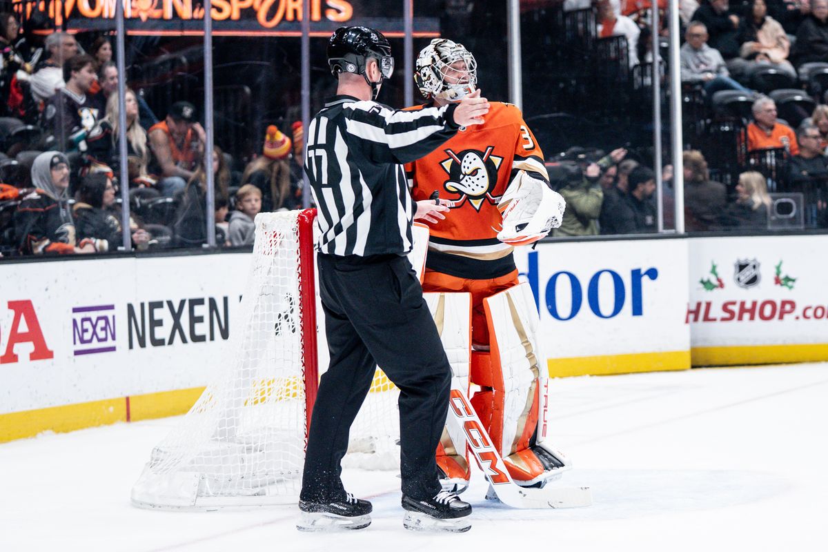 Anaheim Ducks G is talking with the ref during intermission against the Calgary Flames Wednesday April 9th, 2025 at Honda Center in Anaheim, Calif. Anaheim Ducks G is talking with the ref during intermission against the Calgary Flames Wednesday April 9th, 2025 at Honda Center in Anaheim, Calif.