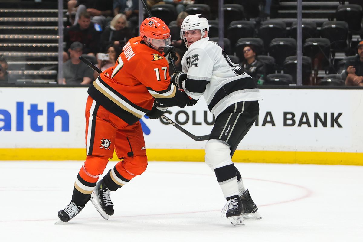 Anaheim Ducks LW #17 Alex Killorn and Los Angeles Kings D #92 Brandt Clarke battle for position during an NHL game, September 24, 2025 in Anaheim, CA.